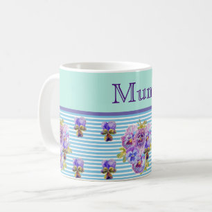 Caneca De Café Pansy Flower Aqua Stripe Mãe floral Dia de as mães