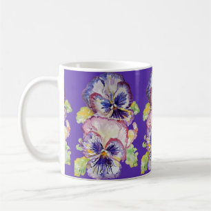 Caneca De Café Pansy Watercolor Padrn on Dark Purple Mug