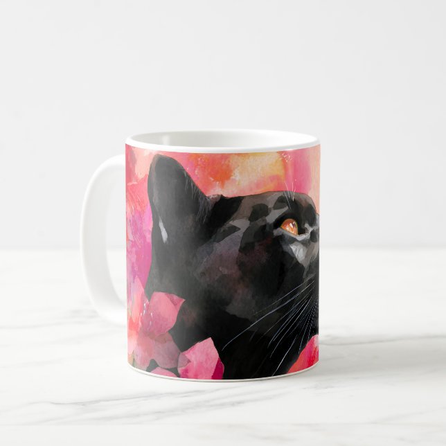 Caneca De Café Pantera Negra Selvagem Floral Selvagem Elegante (Frente Esquerda)