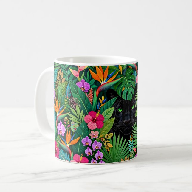Caneca De Café Pantera Preta Flores da Selva & Folhagem Tropical (Frente Esquerda)