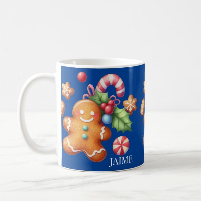 Caneca De Café Pão de gengibre Natal Peppermint Azul Nome (Esquerda)
