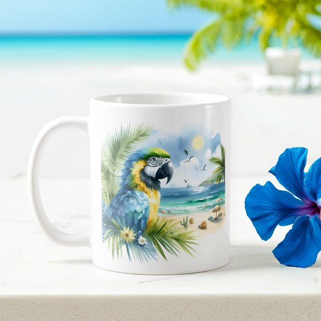 Caneca De Café Papagaio de Aquarela de Verão na praia (Criador carregado)