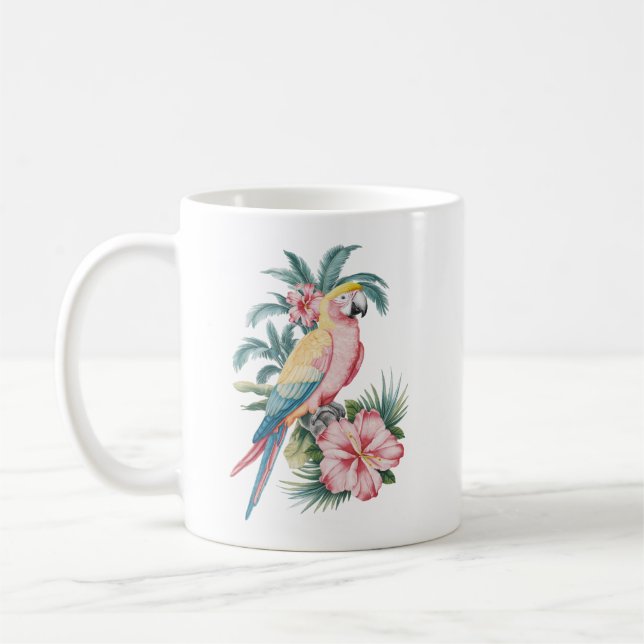 Caneca De Café Papagaio e Flores de Hibisco de Verão na Moda da P (Esquerda)