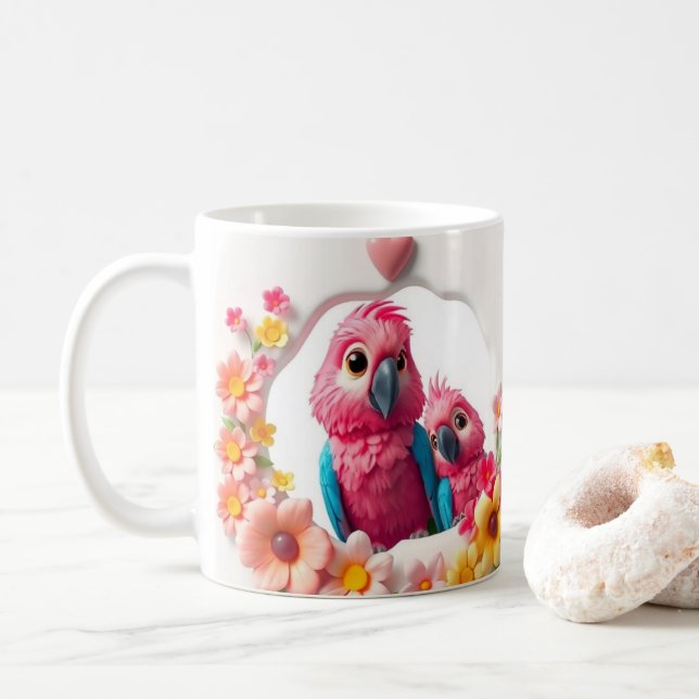Caneca De Café Papagaio e Flores Felizes 3D (Com Donut)