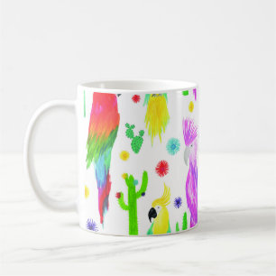 Caneca De Café Papagaios coloridos, padrão desenhado à mão.