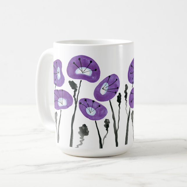 Caneca De Café Papagaios Roxos Modernos Flores de Aquarelas Chá e (Frente Esquerda)