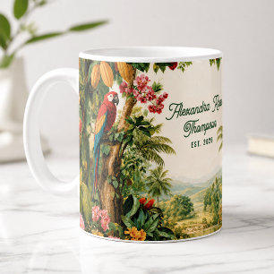 Caneca De Café Papagaios Tropicais Flor de Cacau Aquarela Nome Es