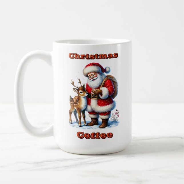 Caneca De Café Papai Noel com cervo amistoso na neve do inverno (Esquerda)