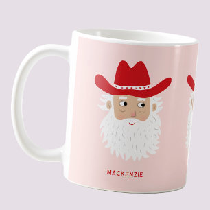 Caneca De Café Papai Noel Cowboy Natal Texto Personalizado Rosa