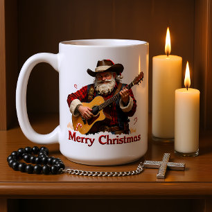 Caneca De Café Papai Noel Cowboy Tocando Violão