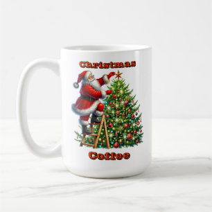 Caneca De Café Papai Noel Decorando uma Árvore de Natal no invern