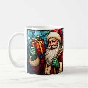 Caneca De Café Papai Noel em estilo de vitral com presente