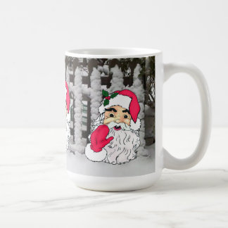 Caneca De Café Papai Noel em uma cerca de piquete de neve