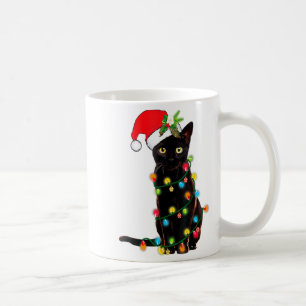 Caneca De Café Papai Noel Gato Preto Enroscado Em Luzes De Natal