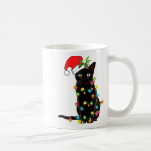 Caneca De Café Papai Noel Gato Preto Enroscado Em Luzes De Natal