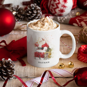 Caneca De Café Papai Noel Personalizado Aquarela Tradicional