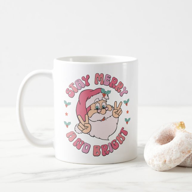 Caneca De Café Papai Noel Retro Alegre & Brilhante (Com Donut)