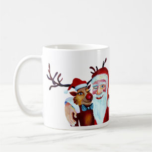 Caneca De Café Papai Noel Rudolf Sorrindo Aquarela