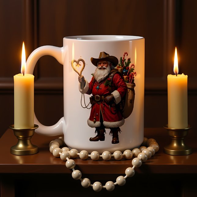 Caneca De Café Papai Noel Vaqueiro Corda no Coração (Criador carregado)