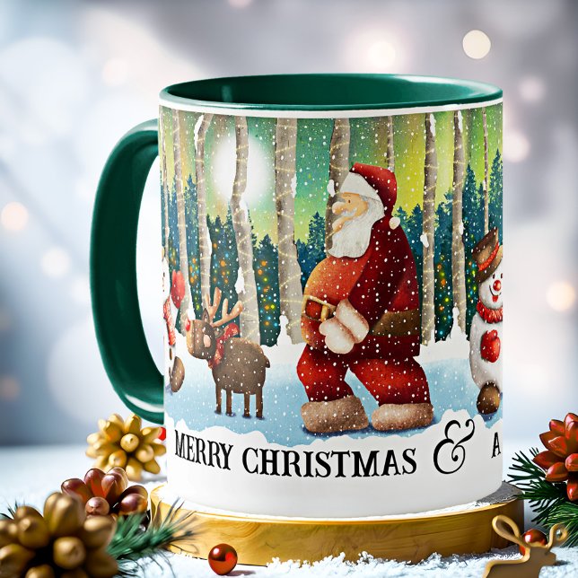 Caneca De Café Papais noeis de Natal (Christmas mug featuring an illustration of Santa in the forest with friends reindeer and Snow Man)