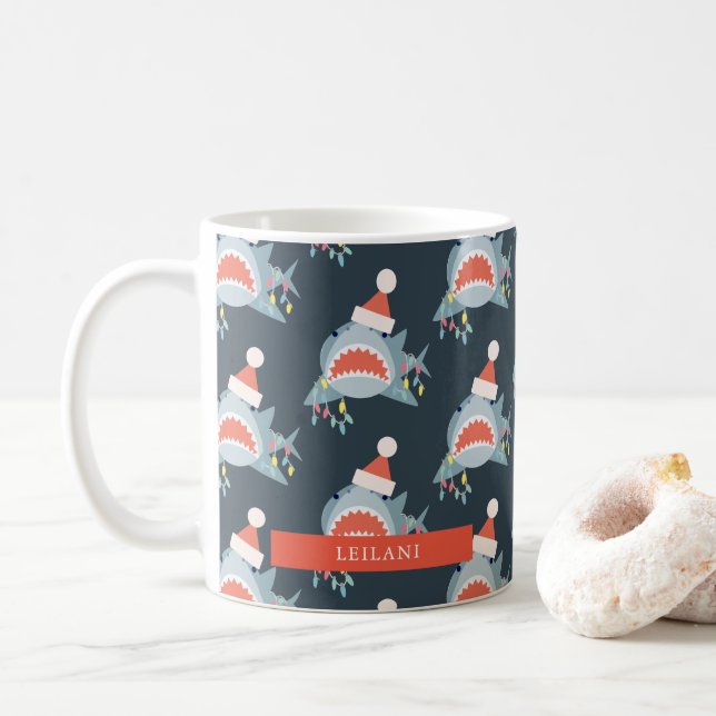 Caneca De Café Papais noeis de tubarão Luzes de Natal Marinho Azu (Com Donut)
