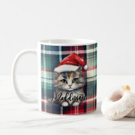 Caneca De Café Papais noeis de Xadrez de Natal Gato com Nome
