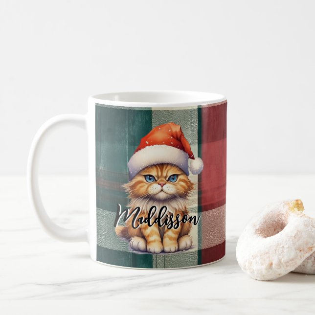 Caneca De Café Papais noeis de Xadrez de Natal Gato com Nome (Com Donut)