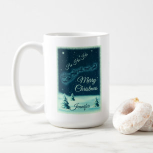 Caneca De Café Papais noeis e suas Reindeers no Céu Noturno de Na