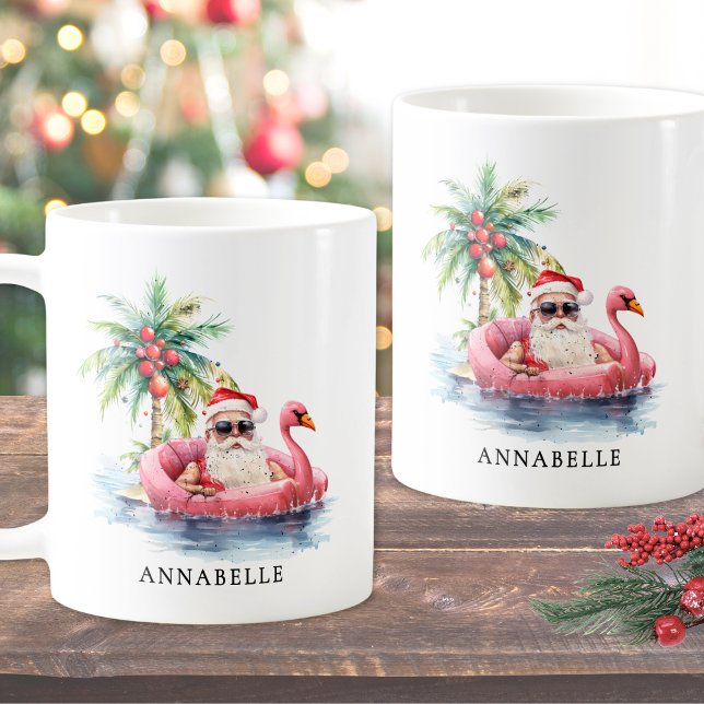 Caneca De Café Papais noeis engraçados Flamingo Tropical Beach Ch (Funny Santa Flamingo Tropical Beach Christmas Coffee Mug)