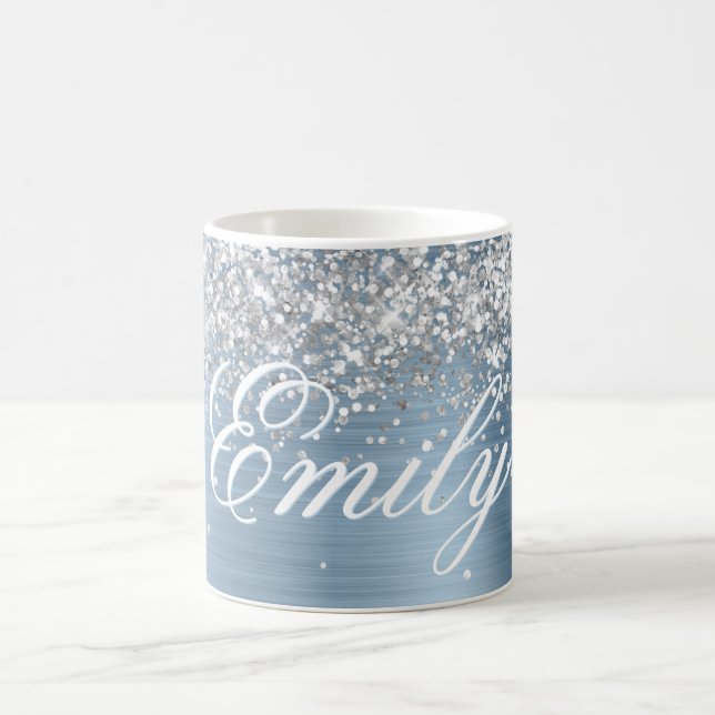 Caneca De Café Papel Prateado Personalizado com Brilho Azul Claro (Centro)