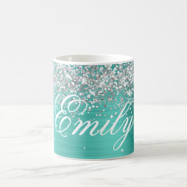 Caneca De Café Papel Prateado Personalizado com Brilho Turquesa (Centro)