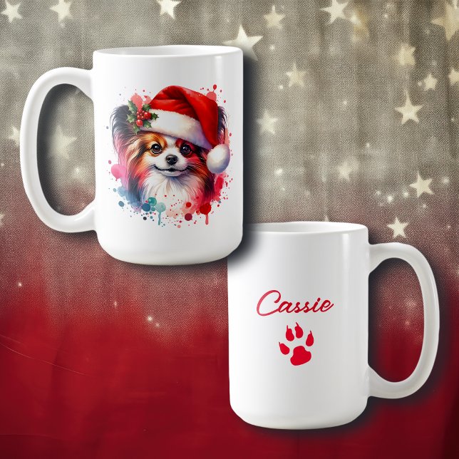 Caneca De Café Papillon Dog Personalizado no Natal de Santa Hat (Criador carregado)