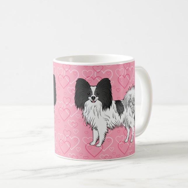 Caneca De Café Papillon Preto E Branco Fofo Em Corações Rosa (Frente Esquerda)