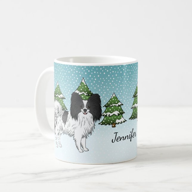 Caneca De Café Papillon Preto e Branco Fofo no Bosque de Inverno (Frente Esquerda)