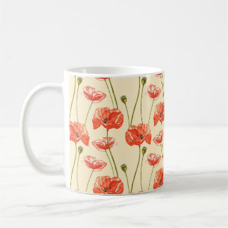 Caneca De Café Papoilas vermelhas com aquarela. Padrões impecávei