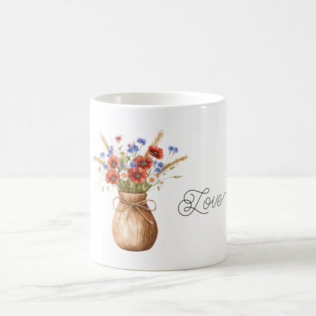 Caneca De Café Papoulas Vermelhas Flores Azuis (Centro)