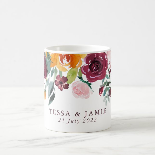 Caneca De Café Paprika Burgundy Floral Wedding Mug (Centro)