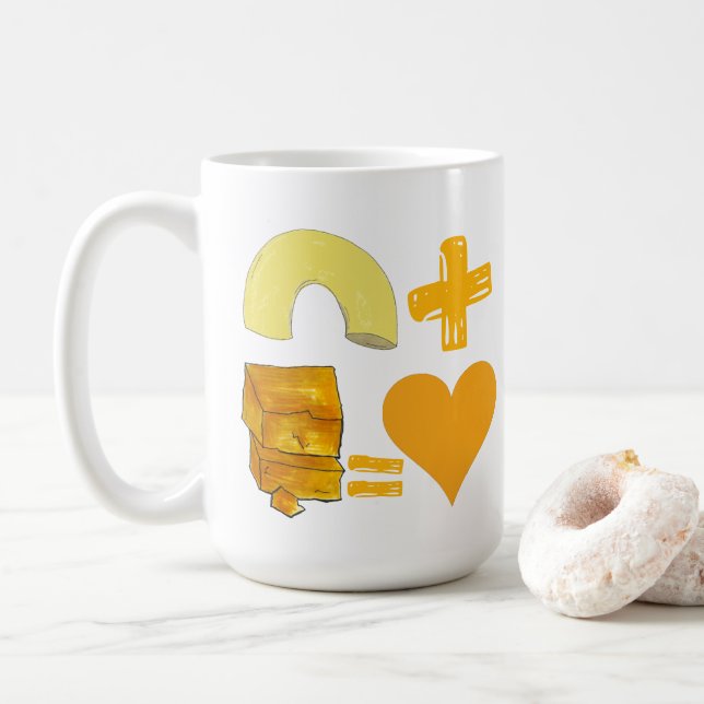 Caneca De Café Par Clássico de Comida Macaroni + Queijo = Coração (Com Donut)