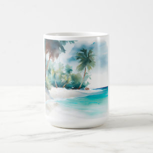 Caneca De Café Paraíso tropical com praia arenosa e árvores de am