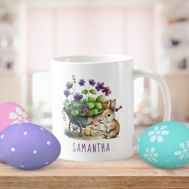 Caneca De Café Páscoa Personalizada para Garotas Bonitas (Personalized Cute Bunnies Girl Easter Coffee Mug)