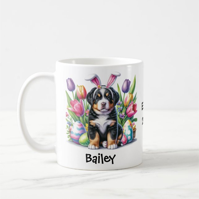 Caneca De Café Páscoa/Primavera de Cachorro Suíço Personalizado (Esquerda)