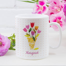 Caneca De Café Páscoa Primavera Ilustrada À Mão Com Tulipas Moder