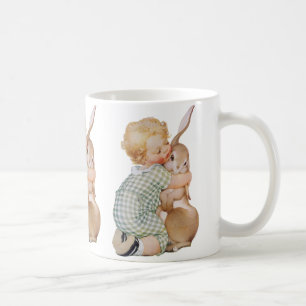 Caneca De Café Páscoa Vintage, Menino Cute com Coelho Bunny