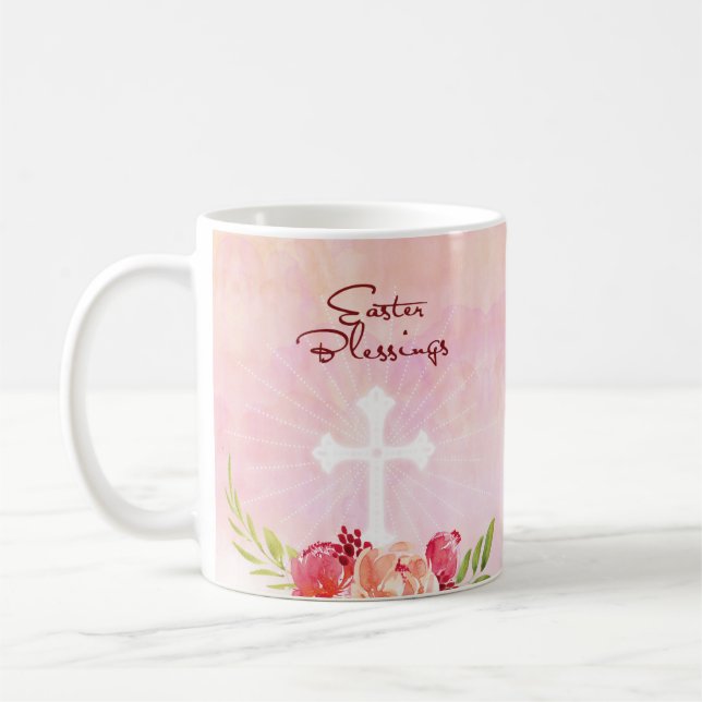 Caneca De Café Páscoas Bênçãos de Flores Rosa com Cruz (Esquerda)