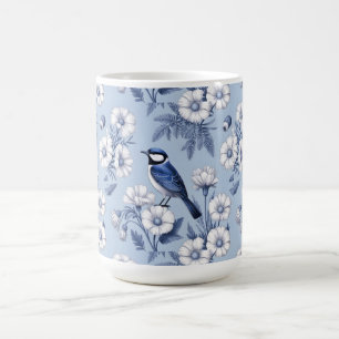 Caneca De Café Pássaro Azul Elegante e Padrão Floral Branco