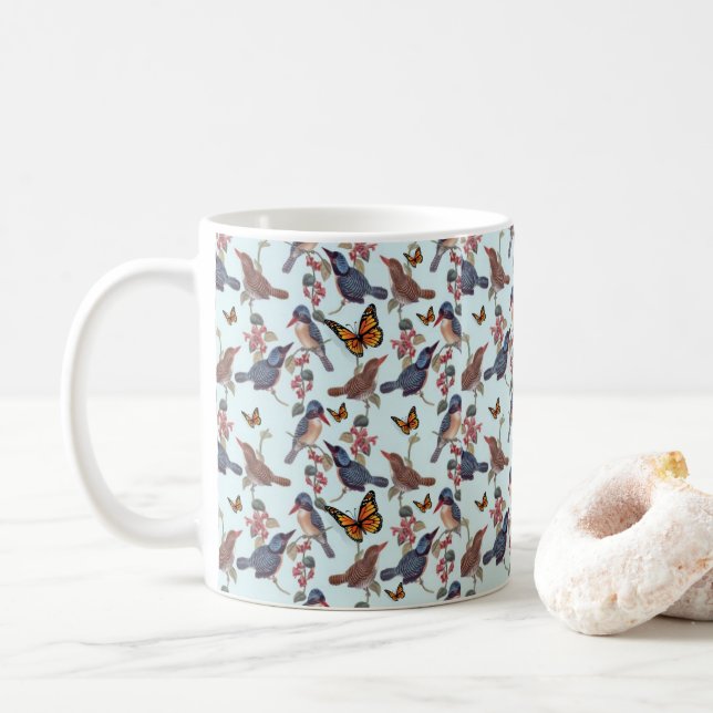 Caneca De Café Pássaro Borboleta Floral Mug (Com Donut)