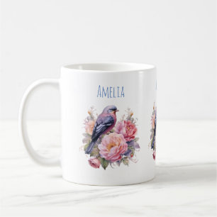 Caneca De Café Pássaro Cantando sobre Peônias Rosa