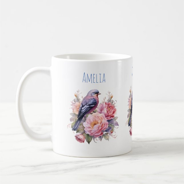 Caneca De Café Pássaro Cantando sobre Peônias Rosa (Esquerda)
