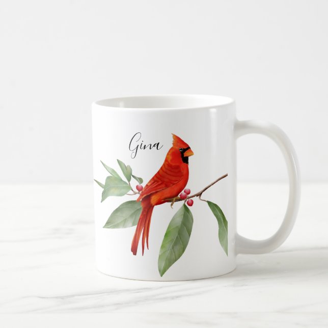 Caneca De Café Pássaro Cardinal Vermelho com Aquarela Monograma (Direita)