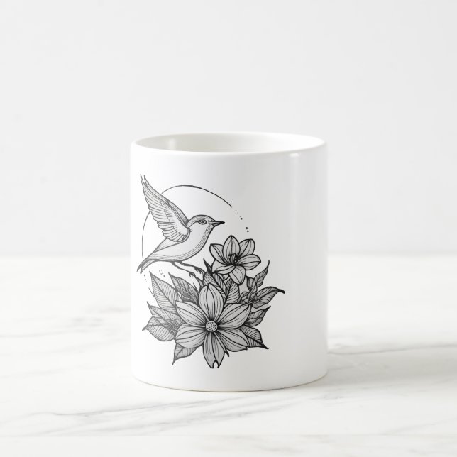 Caneca De Café Pássaro Elegante e Design de Flor Coffee Mug (Centro)